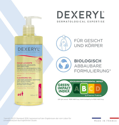 DEXERYL Cleansing Oil: for daily cleansing of body and face, for dry and eczema prone skin, 1 x 500 ml