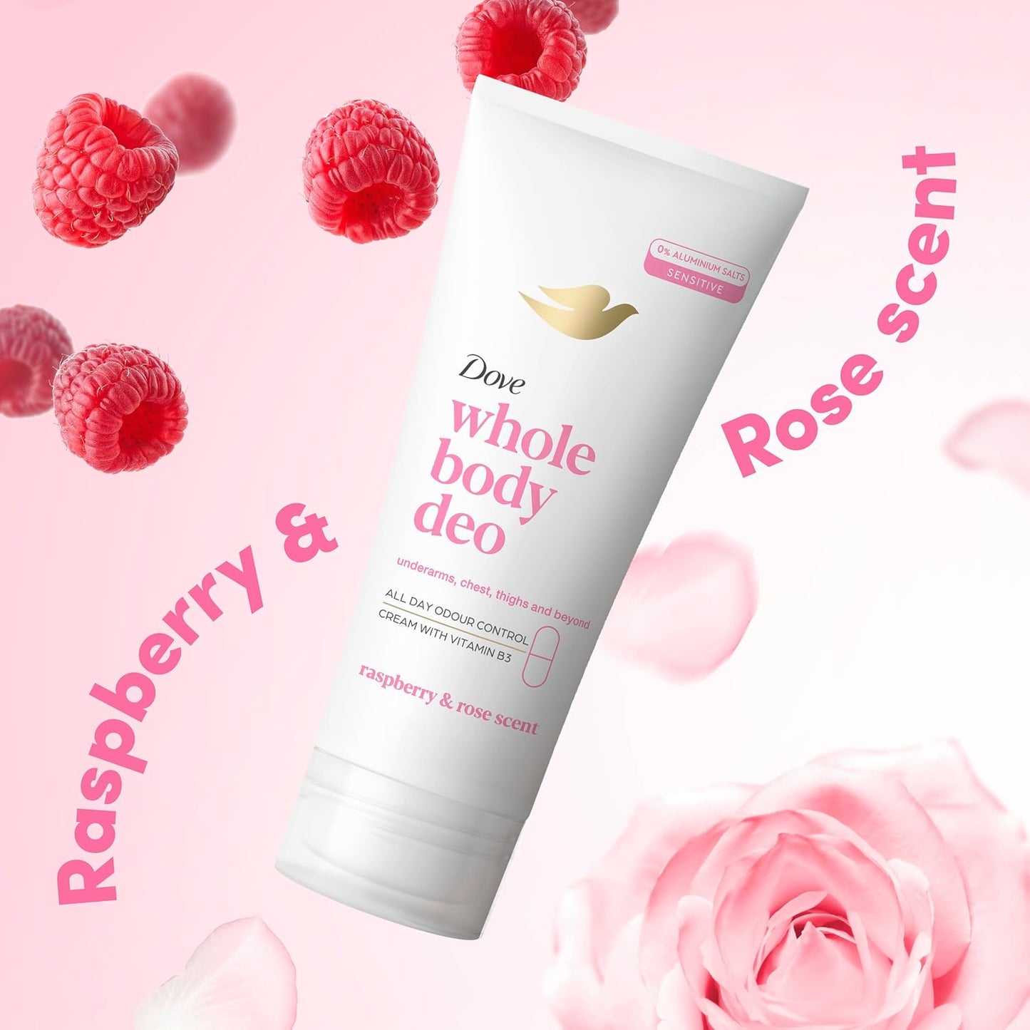 Dove Raspberry &amp; Rose Whole Body Deodorant Cream 0% aluminium deodorant with vitamin B3 for all-day odour control 75 ml