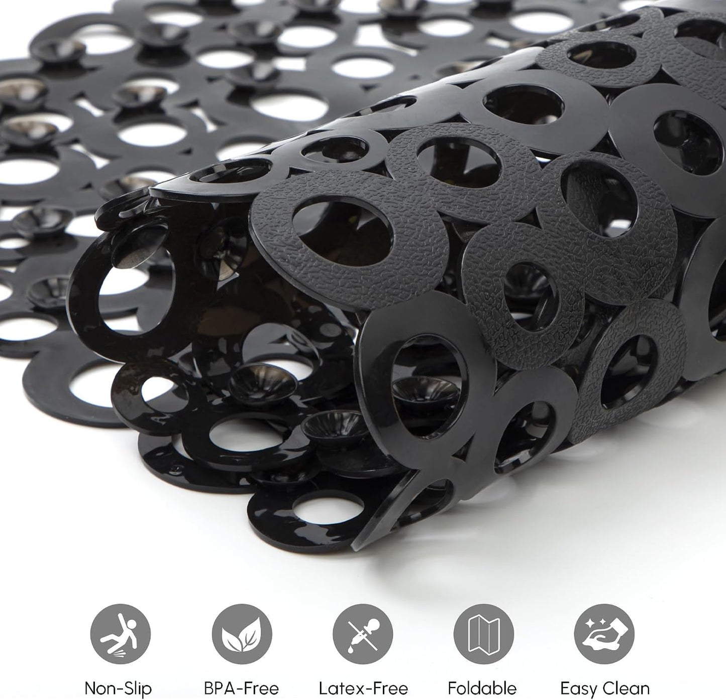 WELTRXE Bath Mat Non Slip Anti Mould, 69x35cm Oval Black PVC Bathtub Mat, Ring Pattern Shower Mat for Inside Bath, Non Slip Bath Tub Mat with Suction Cups, Quick Drain, Machine Washable