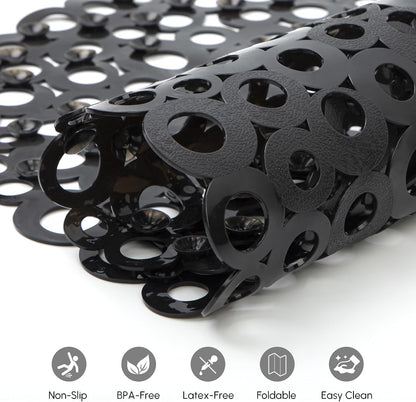 WELTRXE Bath Mat Non Slip Anti Mould, 69x35cm Oval Black PVC Bathtub Mat, Ring Pattern Shower Mat for Inside Bath, Non Slip Bath Tub Mat with Suction Cups, Quick Drain, Machine Washable