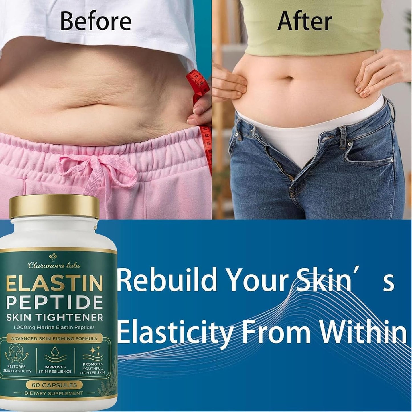Claranova Elastin Peptides, Elastin Peptide Skin Tightening Formula, 1000 mg, Suitable for Women and Men (1PC)
