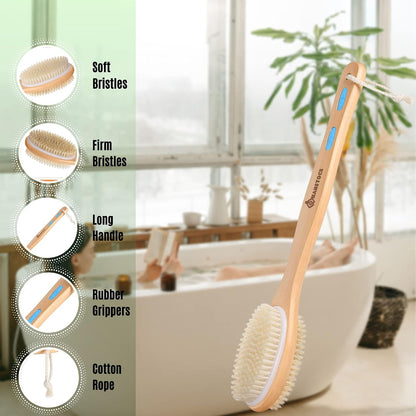 Back Scrubber, 43cm Long Wooden Double-Sided Shower Body Brush with Soft Bristles For Sensitive Skin and Stiff Bristles for Exfoliating Skin