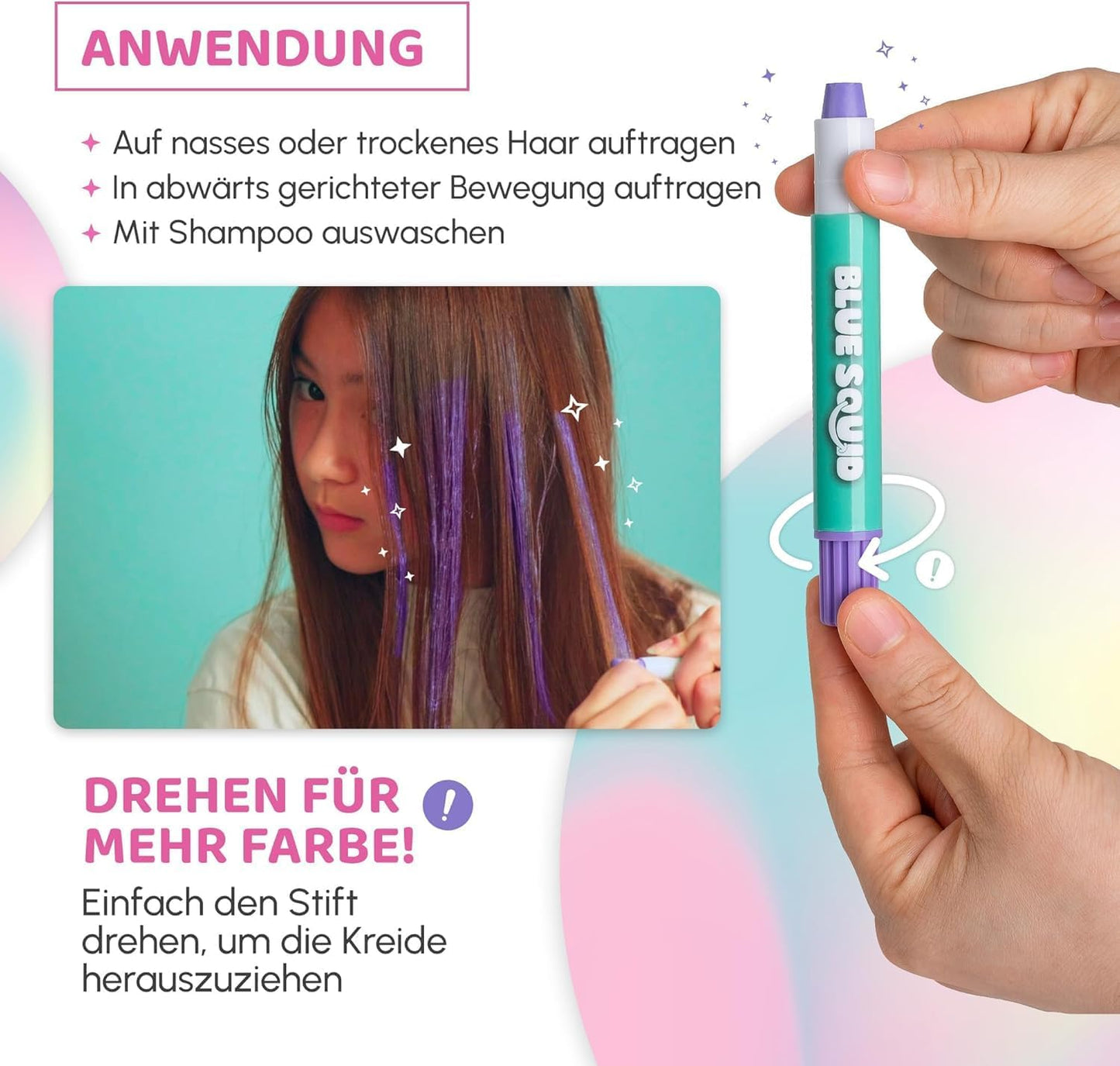Blue Squid Hair Chalk for Girls Pens – 10 Vibrant Temporary Hair Colour Chalks for Kids - Ideal Christmas, Birthday Gifts for Girls &amp; Teens - Kid Safe, Washable Hair Dye for Ages 6 7 8 9 10 11 12