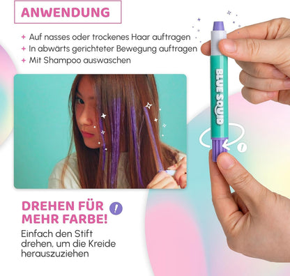 Blue Squid Hair Chalk for Girls Pens – 10 Vibrant Temporary Hair Colour Chalks for Kids - Ideal Christmas, Birthday Gifts for Girls &amp; Teens - Kid Safe, Washable Hair Dye for Ages 6 7 8 9 10 11 12