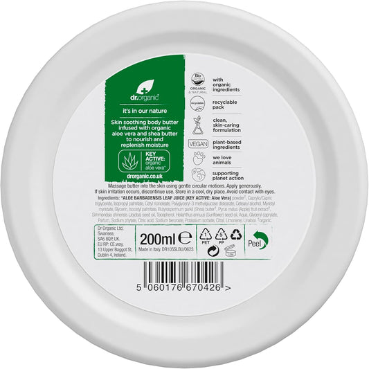 Dr Organic Aloe Vera Body Butter, Soothing, Moisturising, All Skin Types, Natural, Vegan, Cruelty-Free, Paraben &amp; SLS-Free, Organic, 200ml, Packaging may vary