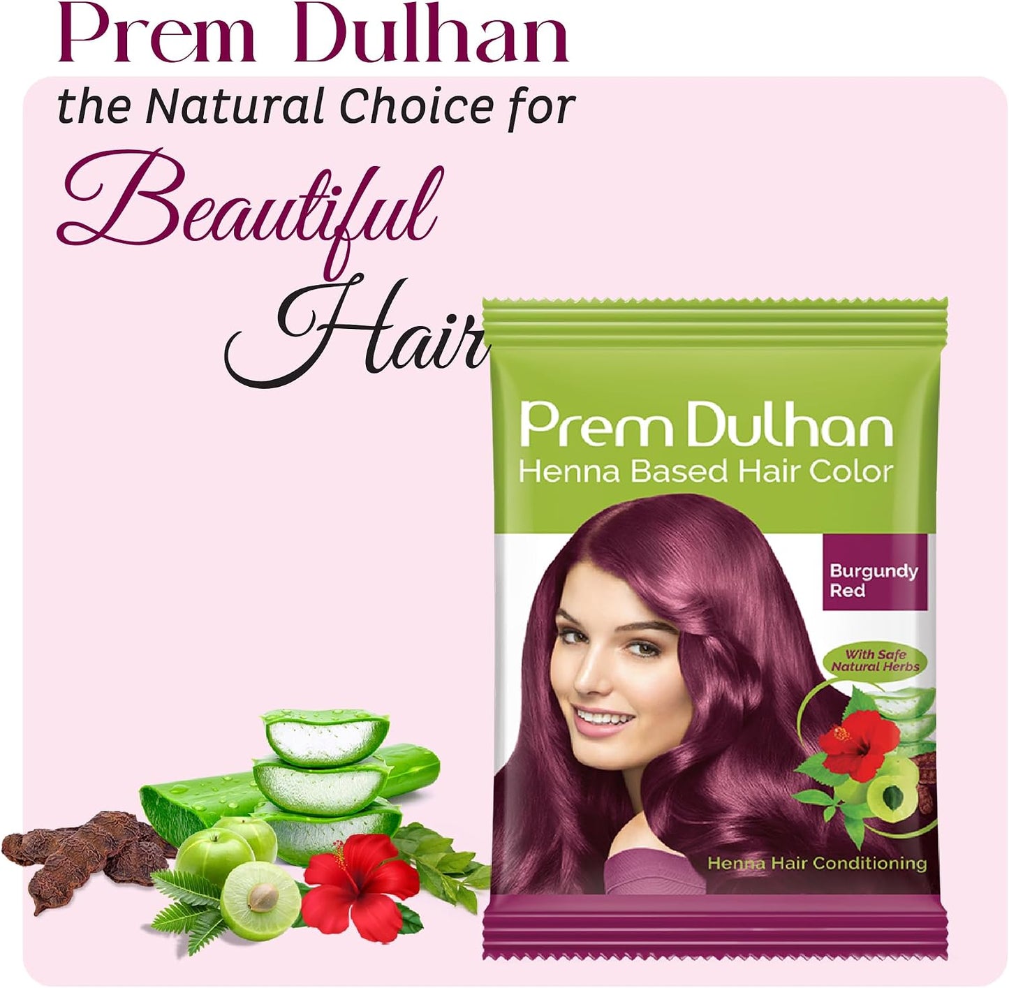 Prem Dulhan Burgundy Red Henna-Based Hair Color (0.52 Ounce) for Vibrant &amp; Long Lasting Results, Burgundy Red Shade, Ammonia-Free &amp; PPD-Free Coloring, Sachets (300 g/ 10.58 Ounce (Pack of 20))