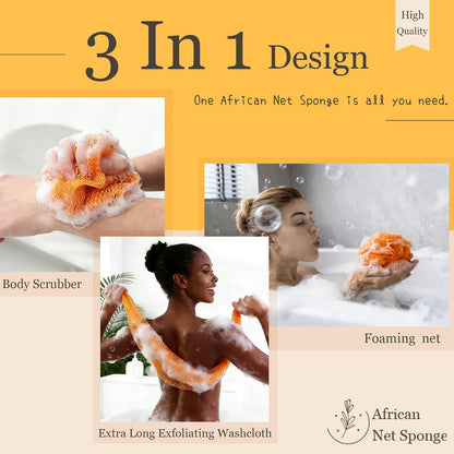 African Net Sponge, 3 Pieces African Exfoliating Net Sponge Authentic Body Back Scrubber Effective Exfoliating Washcloth for Shower Bath All Types Skin Daily (Purple+Pink+Olive Green)