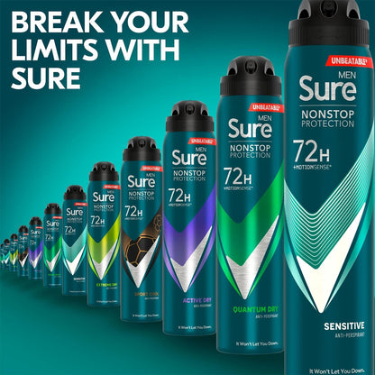 Sure Men Nonstop Protection Sensitive Deodorant Body Spray Antiperspirant with a clean fragrance &amp; body heat activated technology for 72 hour odour and sweat protection 250 ml, Pack of 6