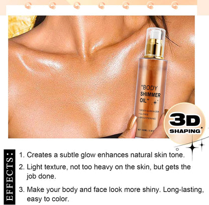 Body Shimmer Oil 100ml, Long Lasting Moisturizing Face &amp; Body Luminizer, Waterproof Liquid Illuminator, Shimmer Glitter Oil Highlighter (Golden Brown)