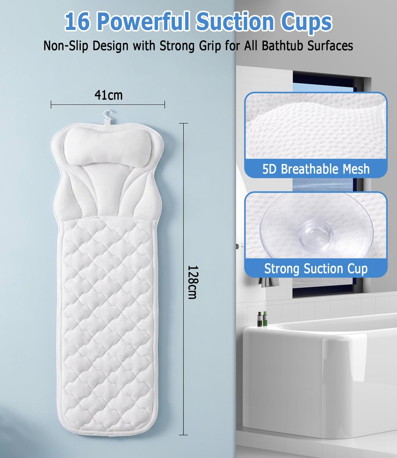 Full Body Bath Pillow for Bathtub: Ergonomic Design Support Bath Mat with Pillow 5D Air Mesh and 16 Powerful Suction Cups for Women Home Tub Relaxing Spa Fits All Bathtub