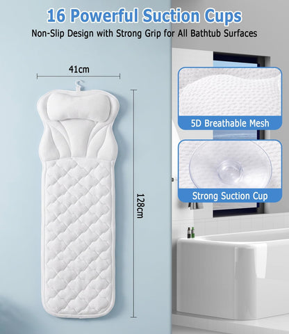 Full Body Bath Pillow for Bathtub: Ergonomic Design Support Bath Mat with Pillow 5D Air Mesh and 16 Powerful Suction Cups for Women Home Tub Relaxing Spa Fits All Bathtub