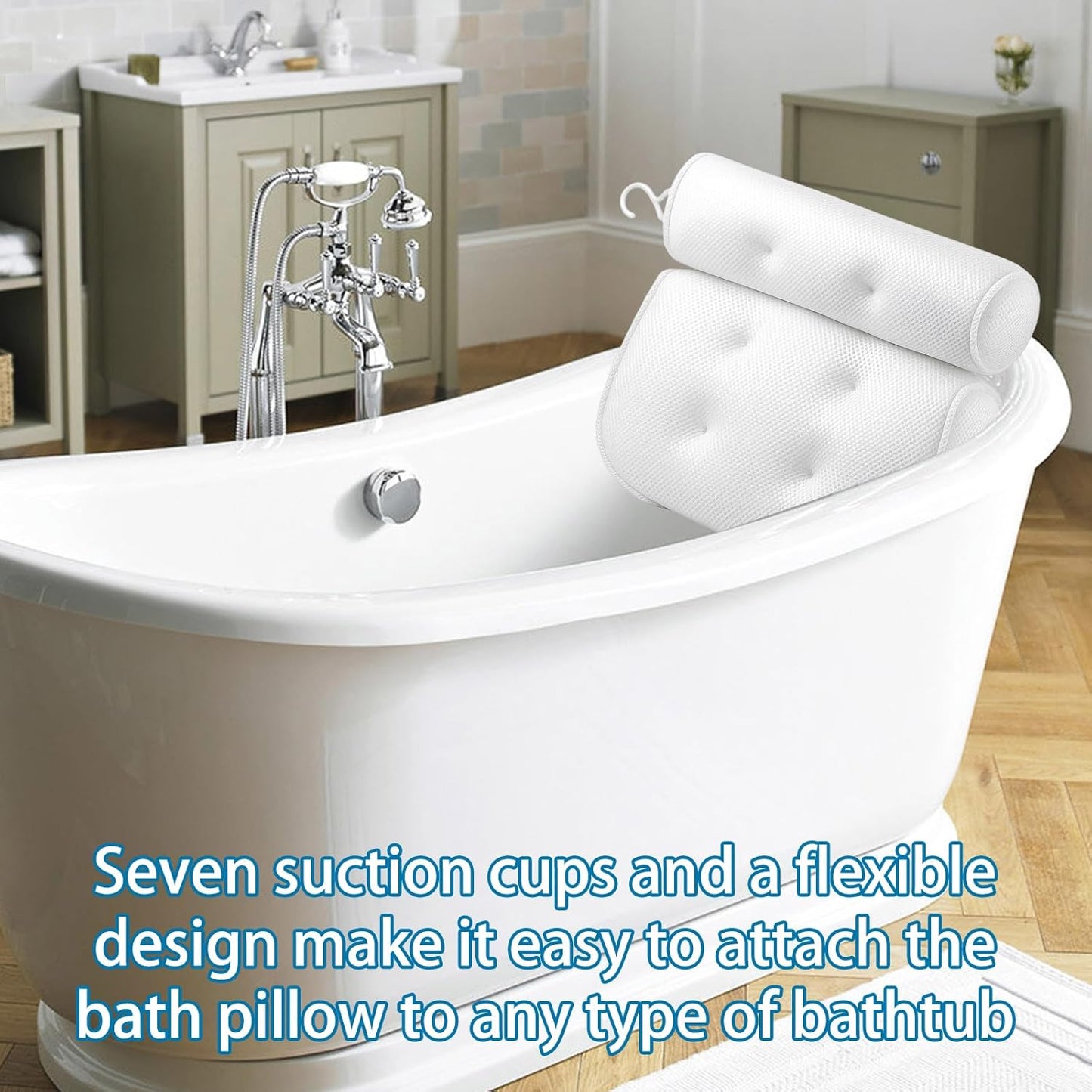Bath Pillows for Head and Neck, Waterproof Bath Cushion with 6 Suction Cups, Soft Bathtub Pillow for Relaxing Bath, Fits Most Bathtubs (White, 35x33x5cm)