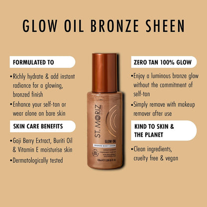St Moriz Advanced Glow Oil | Bronze Body Sheen for Instant Skin Radiance &amp; Rich Hydration | Body Glow Enhancer | Shimmering Liquid Bronzer | Compliments Your Tan | Vegan | Cruelty Free | 100ml
