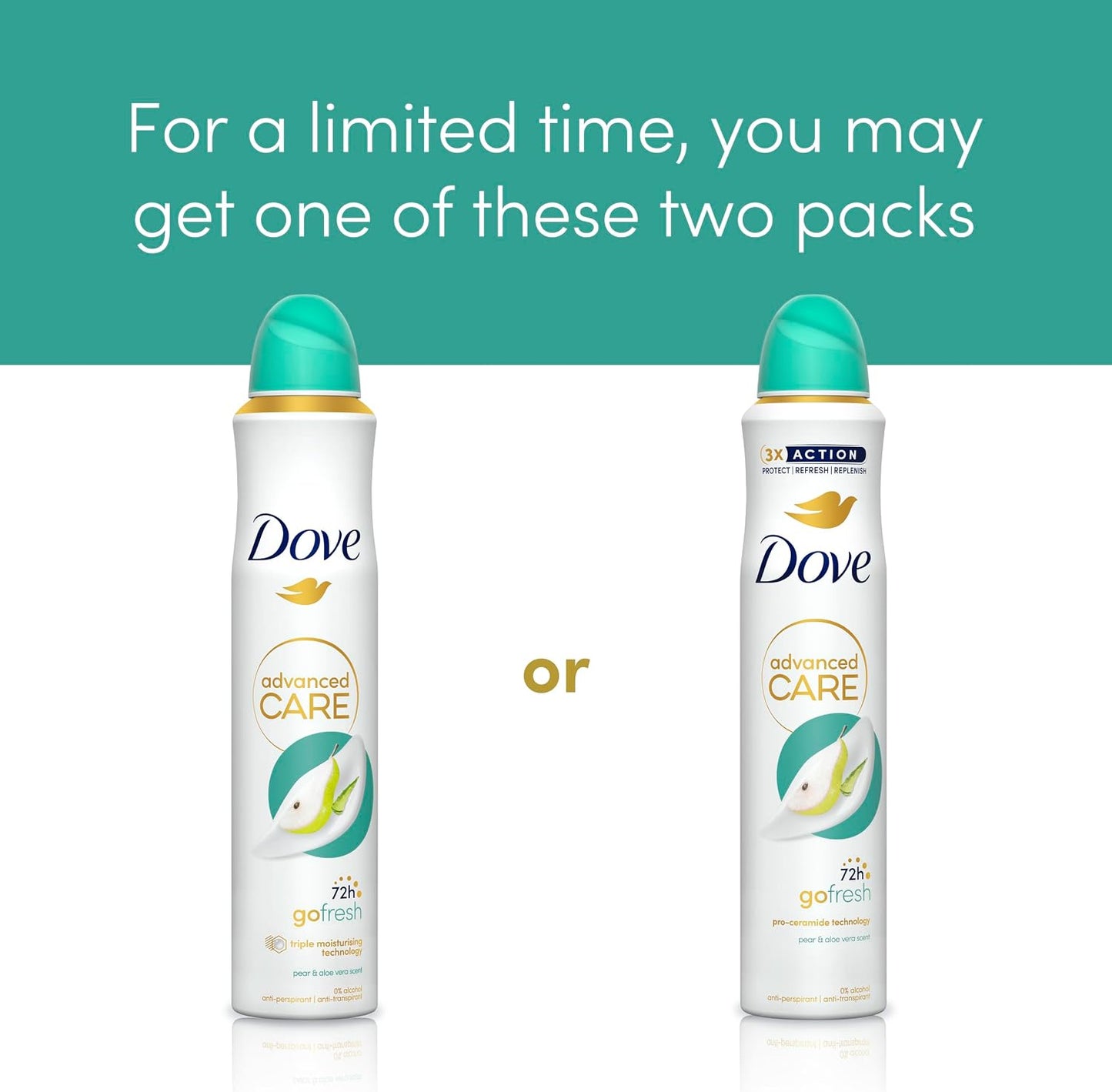 Dove Advanced Care Go Fresh Pear &amp; Aloe Vera Scent Anti-Perspirant Aerosol Women's Deodorant Spray with Pro-Ceramide technology for 72 hour protection against sweat and odour 200 ml
