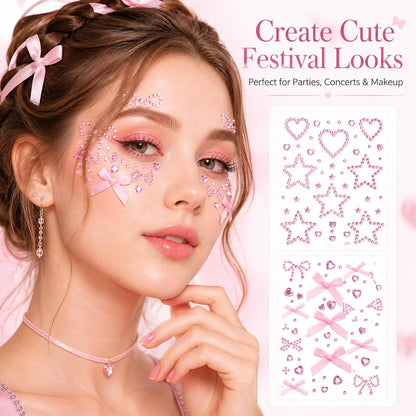 2 Sheets Pink Face Gems, Self-Adhesive Rhinestones for Makeup, Stick on Rhinestones Stickers Tattoos Makeup Gems for Women Face Hair Body Decoration