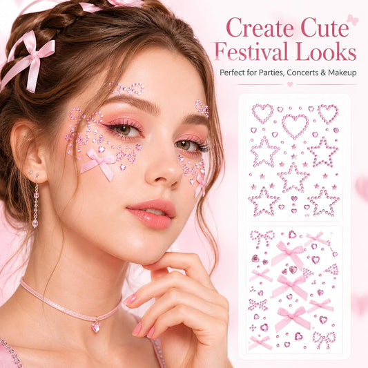 2 Sheets Pink Face Gems, Self-Adhesive Rhinestones for Makeup, Stick on Rhinestones Stickers Tattoos Makeup Gems for Women Face Hair Body Decoration