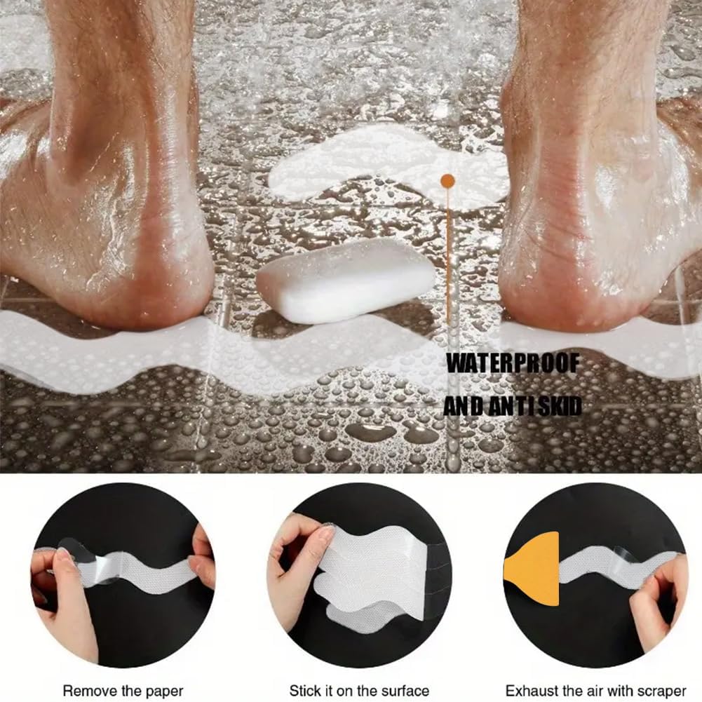 24 Pcs Non Slip Strip Stickers for Bath and Shower, Wa-ve Anti-Slip Strip with Scraper, Non Slip Bathtub Stickers for Stairs, Shower Room, Slippery Surfaces, Sauna, Kitchen (White)