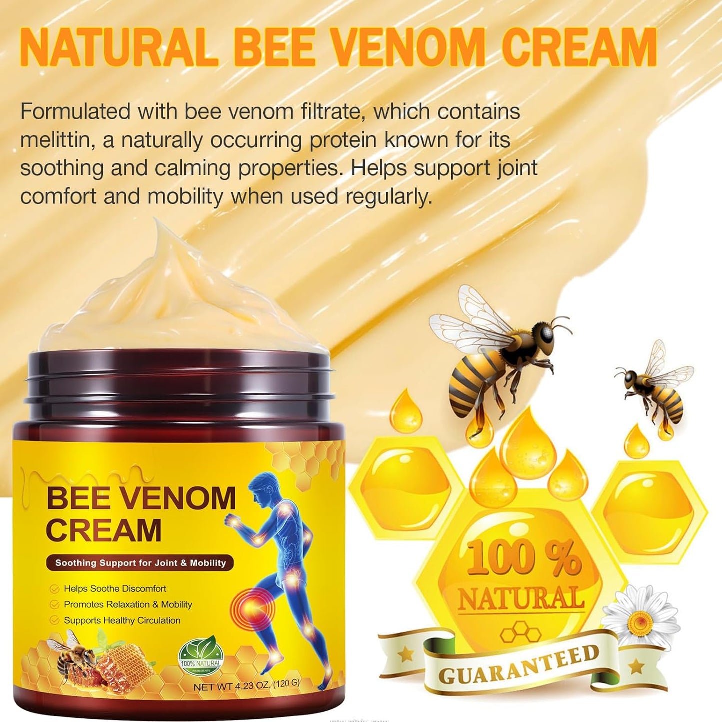 120G Bee Venom Cream Extra Strength for Joint/Muscles Sensation Relief &amp; Recovery &amp; Soothing, Promoting Mobility/Flexibility, Fits for Neck, Back, Legs, Knees, Hands, Feet/Whole Body