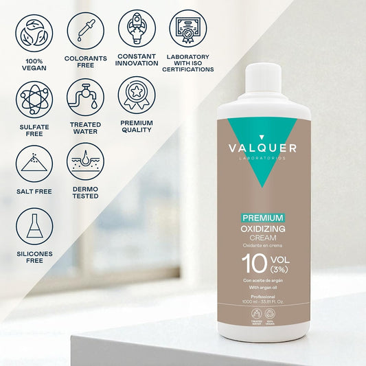 VALQUER Premium Cream Peroxide 10 Vol. | 1 L | Professional Cream Developer for Hair Colour &amp; Bleaching with Argan Oil | 3% Formula | Vegan