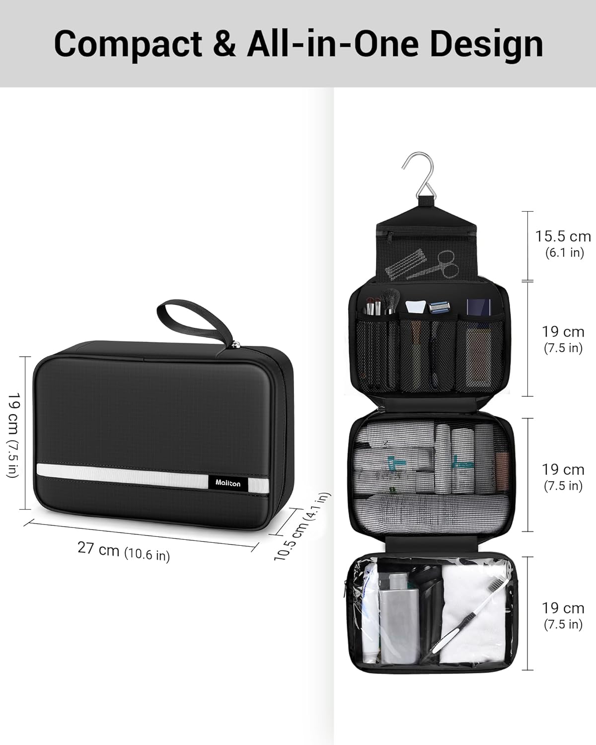 Maliton Hanging Toiletry Bag, Waterproof Large Mens Wash Bag, Foldable Travel Toiletry Bag with 4 Compartments, Travel Essentials for Business Trip, Vacation and for Overnight &amp; Shower（Black）