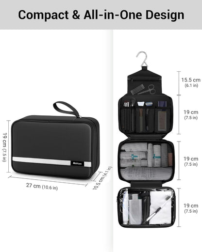 Maliton Hanging Toiletry Bag, Waterproof Large Mens Wash Bag, Foldable Travel Toiletry Bag with 4 Compartments, Travel Essentials for Business Trip, Vacation and for Overnight &amp; Shower（Black）
