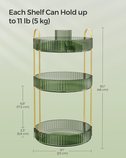 SONGMICS Makeup Organiser Rotating, 3-Tier Round Skincare Organiser, Customisable, Toiletries Cosmetics Organiser, Gift, Pale Green JKA011C01