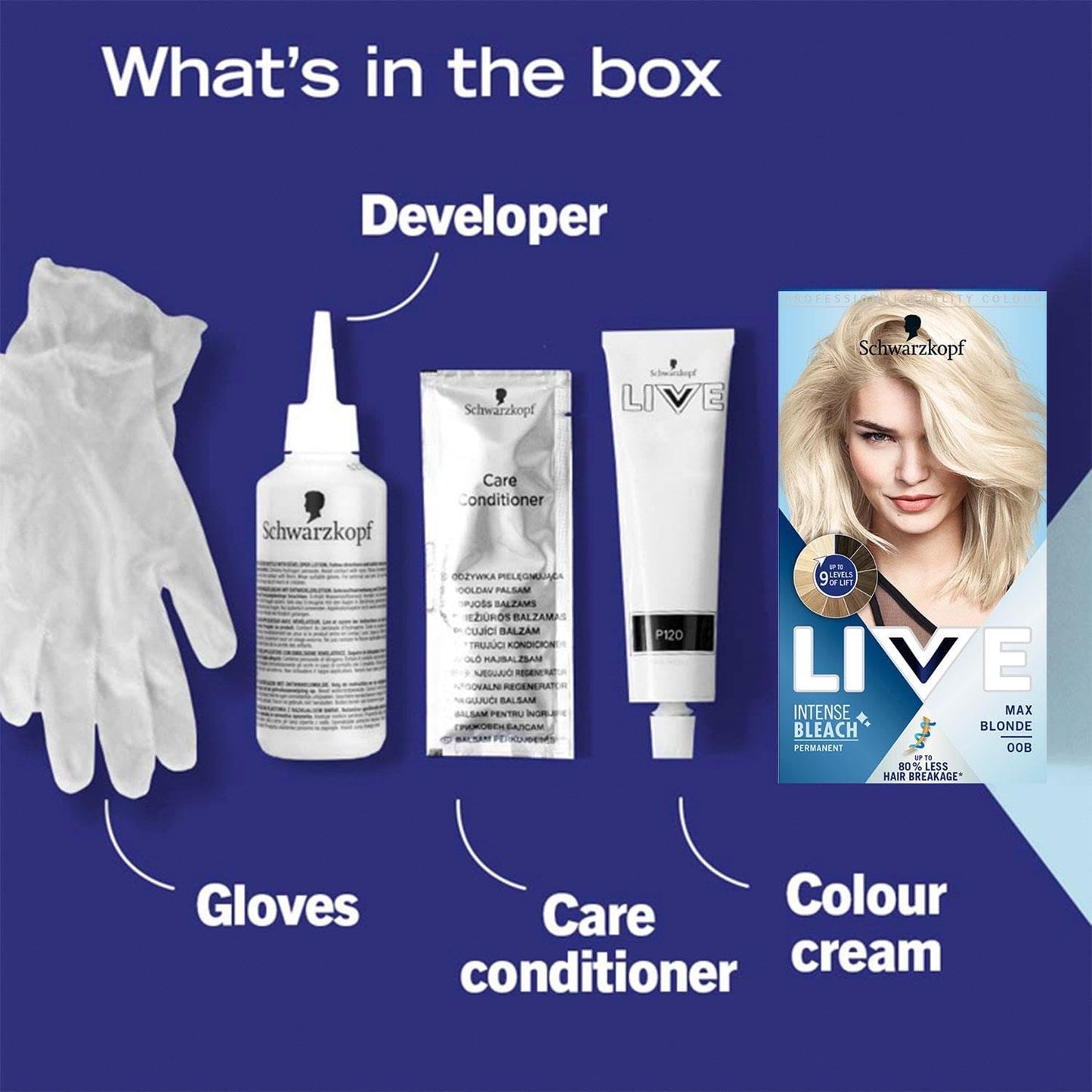 Schwarzkopf LIVE Intense Lightener, Permanent Blonde Bleach Hair Dye, With Brigtening Oil Booster, Lifts Hair Up To 9 Levels - Max Blonde 00B