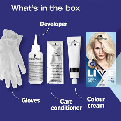 Schwarzkopf LIVE Intense Lightener, Permanent Blonde Bleach Hair Dye, With Brigtening Oil Booster, Lifts Hair Up To 9 Levels - Max Blonde 00B