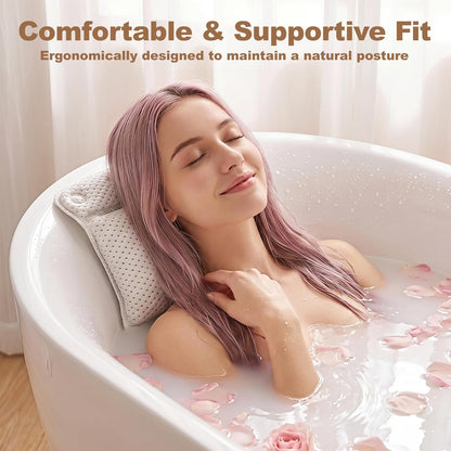 Bathtub Pillow Spa Bath Pillow Soft Cushioned Spa Headrest with 8 Non-Slip Suction Cups, Waterproof PVC &amp; Air Quilted Mesh, Support Neck &amp; Back for Relaxing Bath White