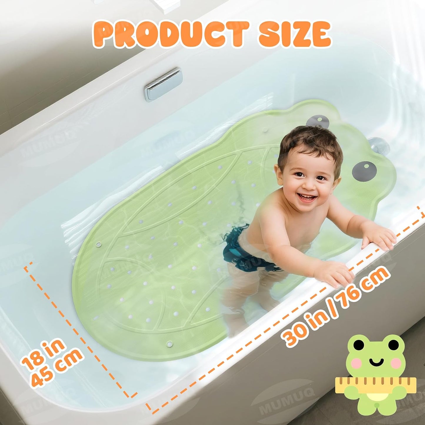 Baby Bath Mat Non Slip Anti Mould Rubber Shower Mat for Toddler and Kids Bath Mats for Tub Cartoon Frog Bathroom Mats with Suction Cups and Drain Holes 76 x 45 cm, Green