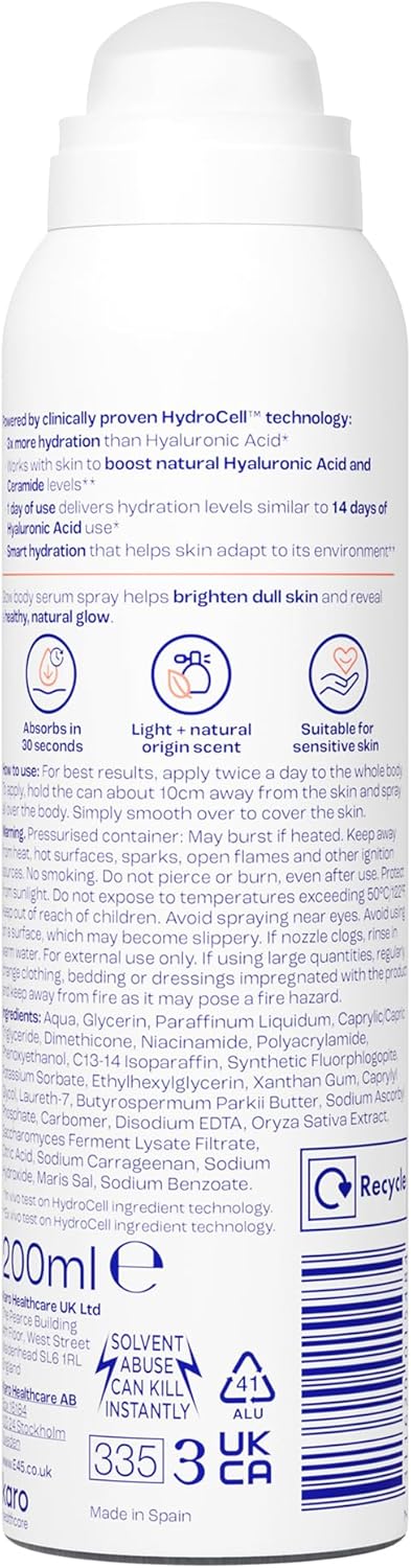 E45 HydroCell Glow Body Lotion Serum Spray Moisturiser with Vitamin C 200ml | Activates hydration from within - Fast-absorbing serum spray for radiant, healthy-looking skin