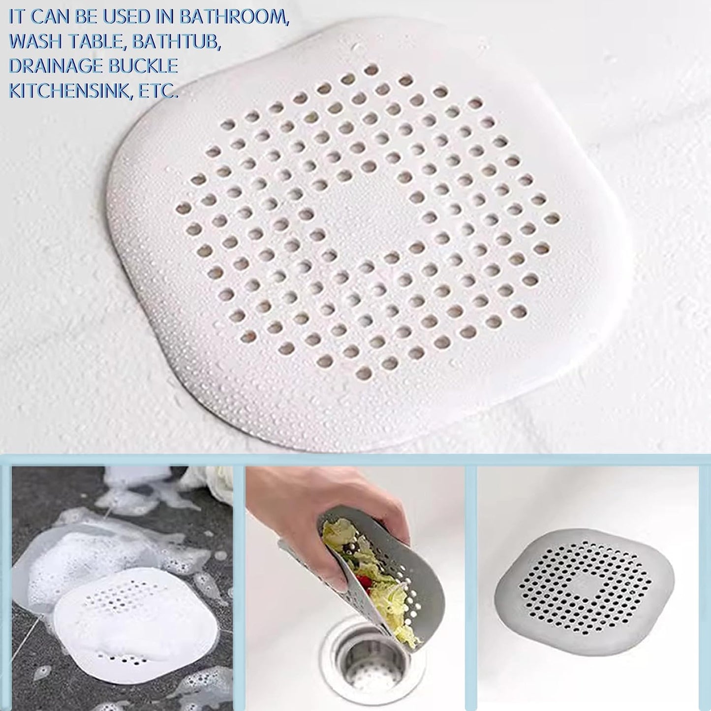 Silicone Drain Protector with Sucker - 4 Pcs | Drain Cover Hair/Food Catcher with Sucker for Bathroom, Kitchen, Shower, Sink Strainer Drain Protector hair catcher (White + Grey)