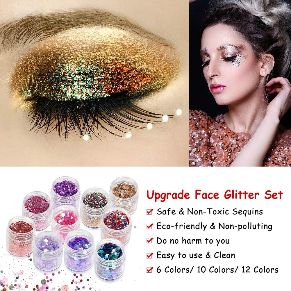 10 Face Glitter Cosmetic Reflective Chunky Cosmetic Glitter for Face Body and Hair(Includes Long Lasting Fix Gel and brush) Festival and Party Beauty Makeup (10 Color)