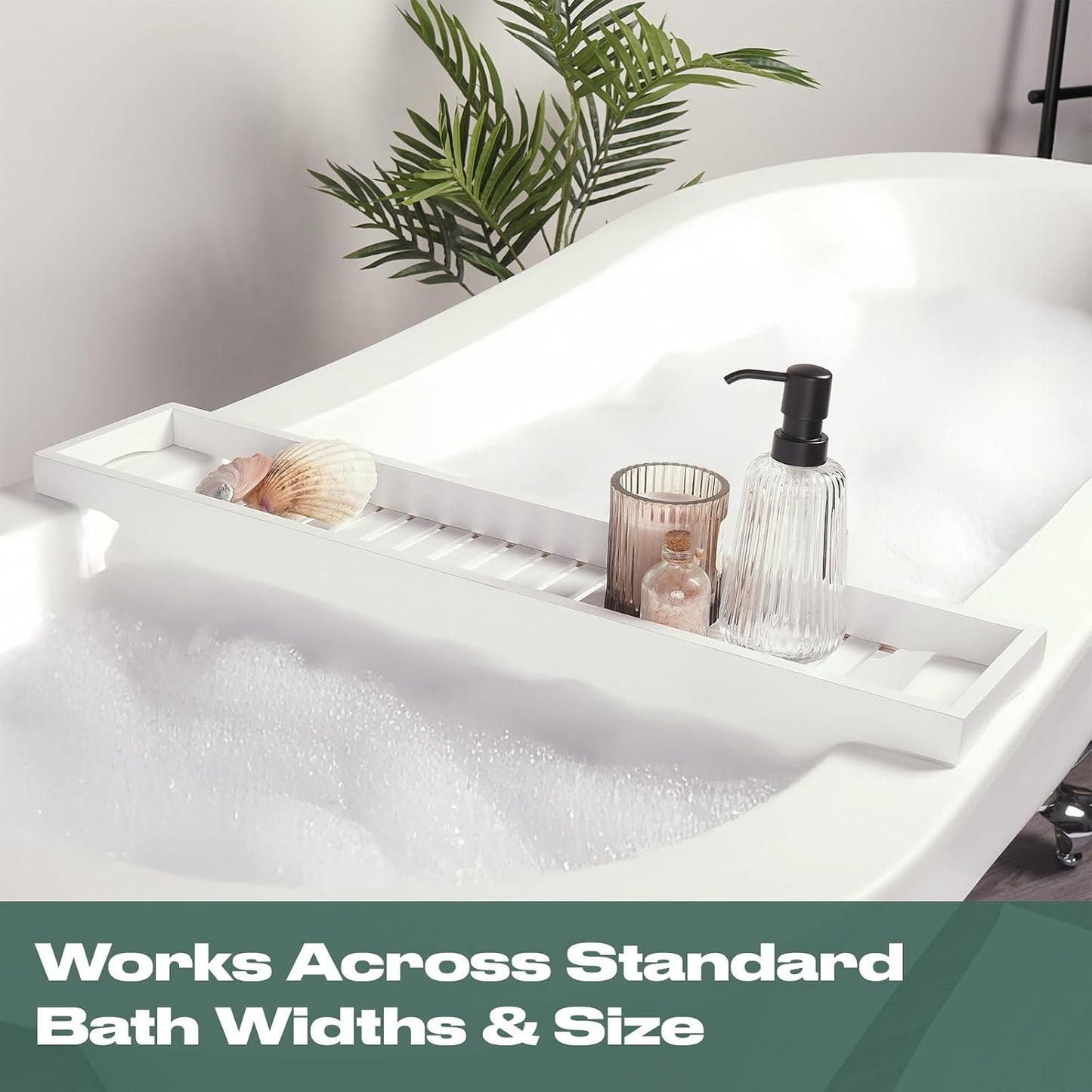 OHS Bath Trays for Across The Bath, Home Spa Bath Caddy Bamboo Bath Tray Wooden Bath Table Organiser Candles Wine Glass Books Shelf Over Bath for Accessories, White