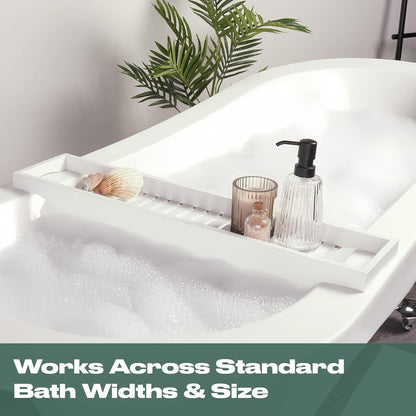 OHS Bath Trays for Across The Bath, Home Spa Bath Caddy Bamboo Bath Tray Wooden Bath Table Organiser Candles Wine Glass Books Shelf Over Bath for Accessories, White