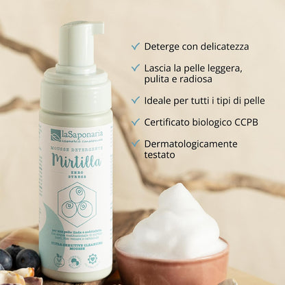 La Saponaria Mirtilla Cleansing Mousse, Hyaluronic Acid, Antioxidant, Moisturising, Marigold, Dermatologically Tested, All Skin Types, Natural, Vegan, Cruelty-Free, Ocean Plastic, Organic, 150ml