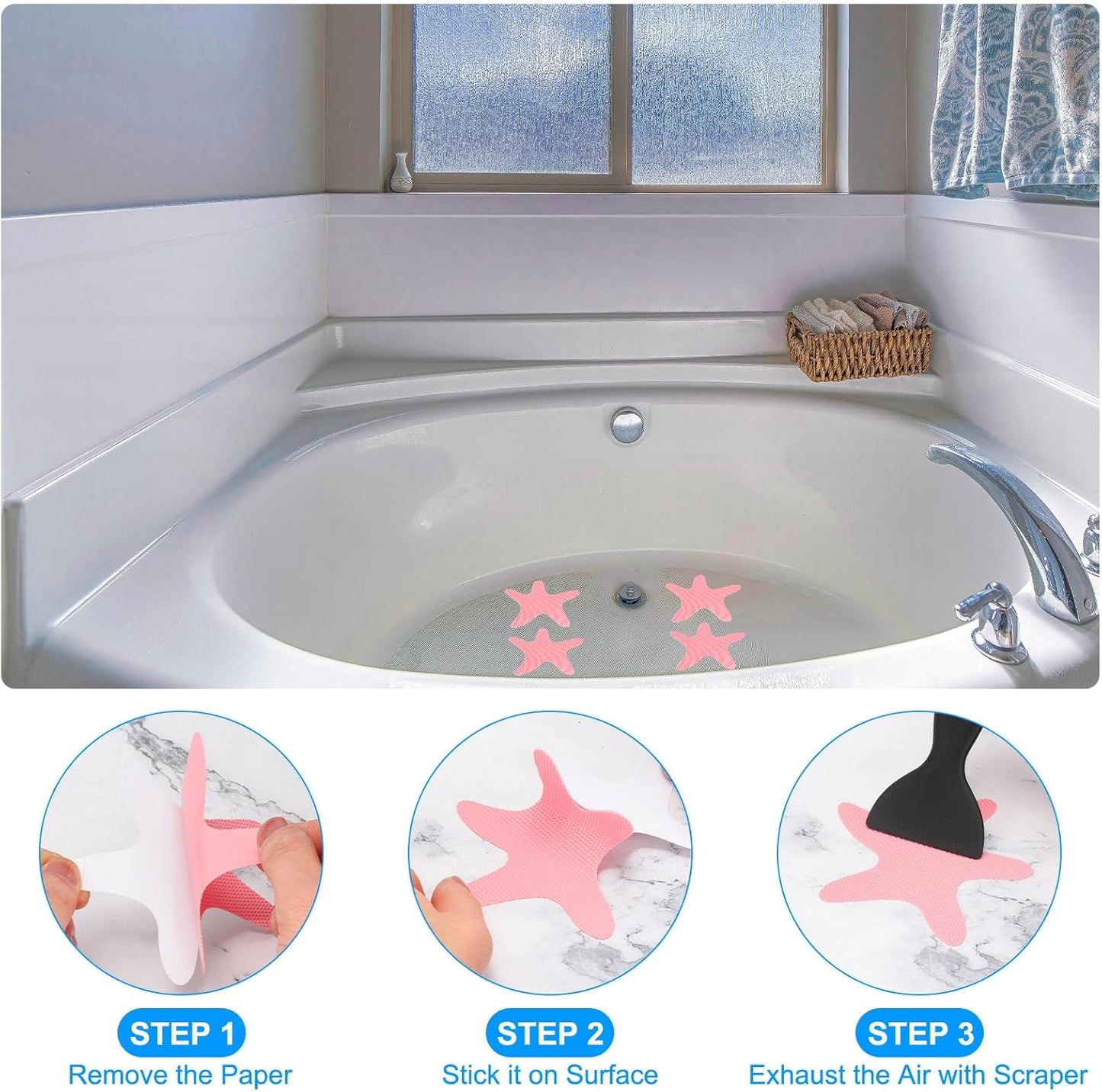 PATIKIL Bathtub Non Slip Stickers 3.86x3.86 Inch, 12 Pack Starfish Safety Shower Floor Anti Slip Stickers with Adhesive Decals Scraper for Bath Tub Shower Floor Stair, Blue