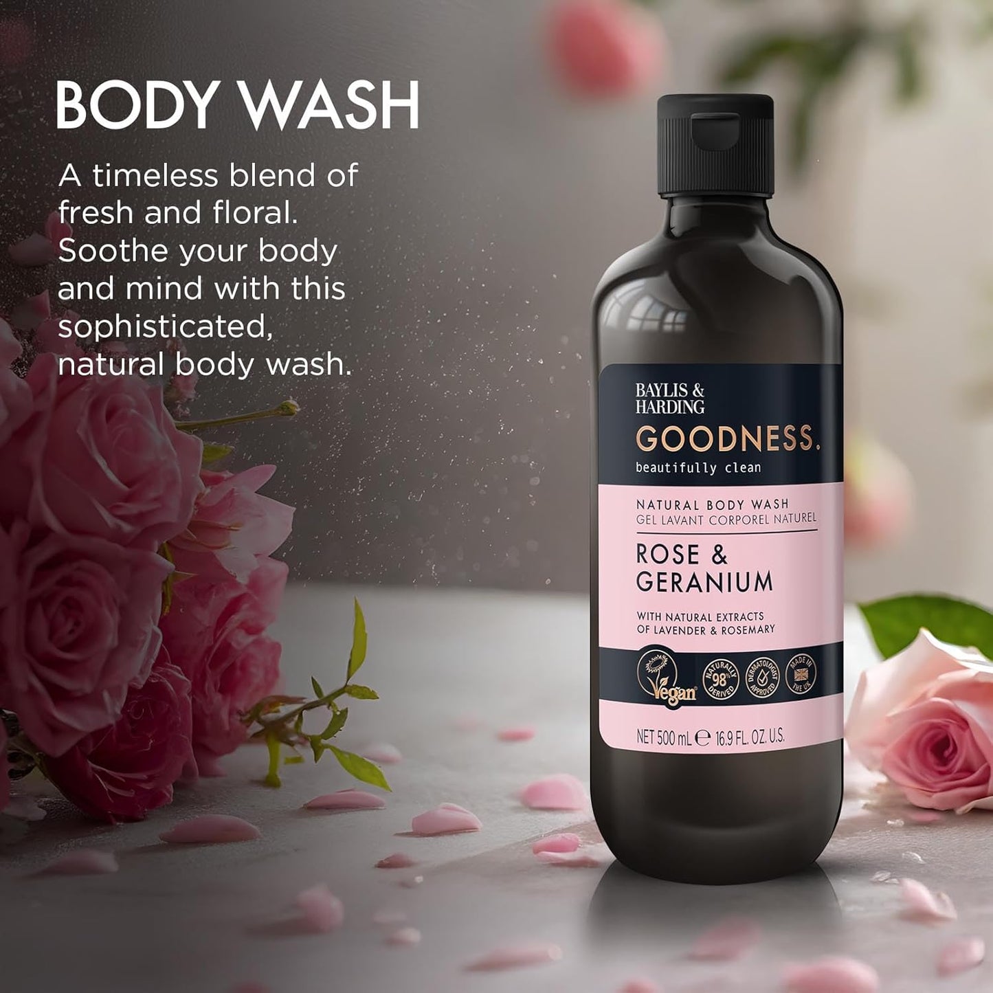 Baylis &amp; Harding Goodness Rose &amp; Geranium Natural Body Wash, 500 ml (Pack of 3) - Vegan Friendly