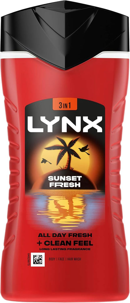 Lynx Sunset Fresh 3-in-1 Body Wash Men's Hair, Face and Body Cleanser with a mango &amp; mandarin scent for all-day freshness 6x 225 ml