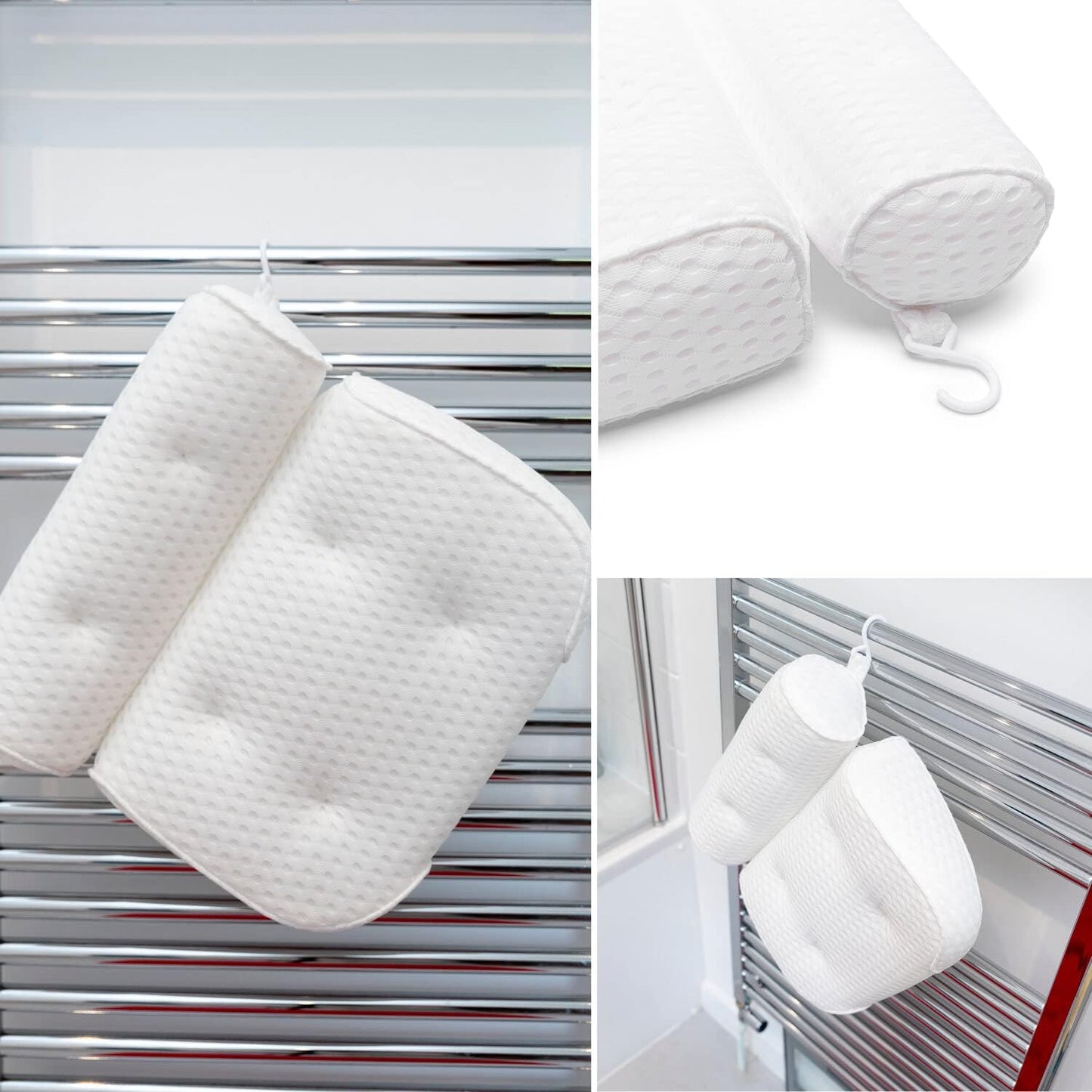 Rio Luxury Spa Bath Pillow Ergonomic Design - Soft 3D Air Mesh Technology &amp; 6 Strong Suction Cups Help Support Head Neck Back Shoulder Home Relaxation Routine, Fits All Baths, Quick Dry Hook