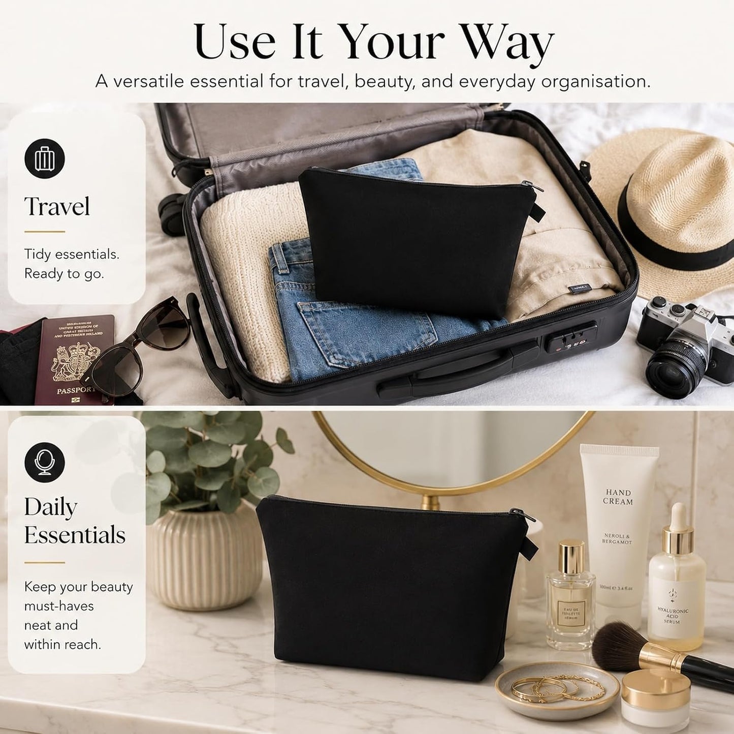 FAVORTALK Makeup Bag Travel Toiletry Organiser Women Men Make Up Storage Black Large Toiletry Bag with Waterproof Cosmetic Bag for Travel Vanity Shower Bathroom Gym Yoga -B0883