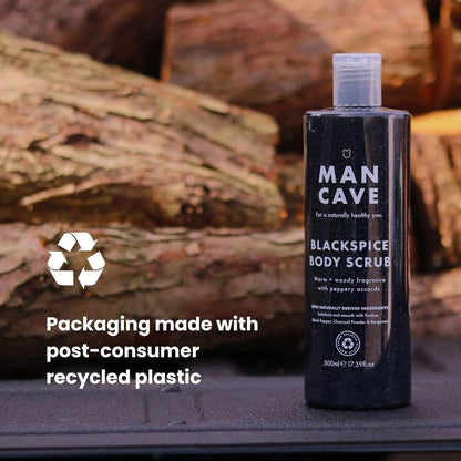 ManCave Blackspice Mens Body Scrub, 500 ml, Body Wash, Natural Formulation, Vegan, Eco-Conscious and Cruelty-Free, Warm &amp; Woody Shower Gel for Men with Pumice, Charcoal, Body Wash for Men