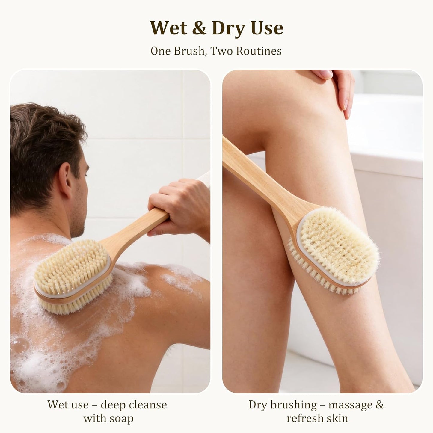 Back Scrubber with Long Handle 43CM - Double Sided Body Brush for Use in Shower &amp; Dry Brushing, Exfoliating with Soft &amp; Firm Bristles for Shower, Back, Feet Men &amp; Women, Seniors