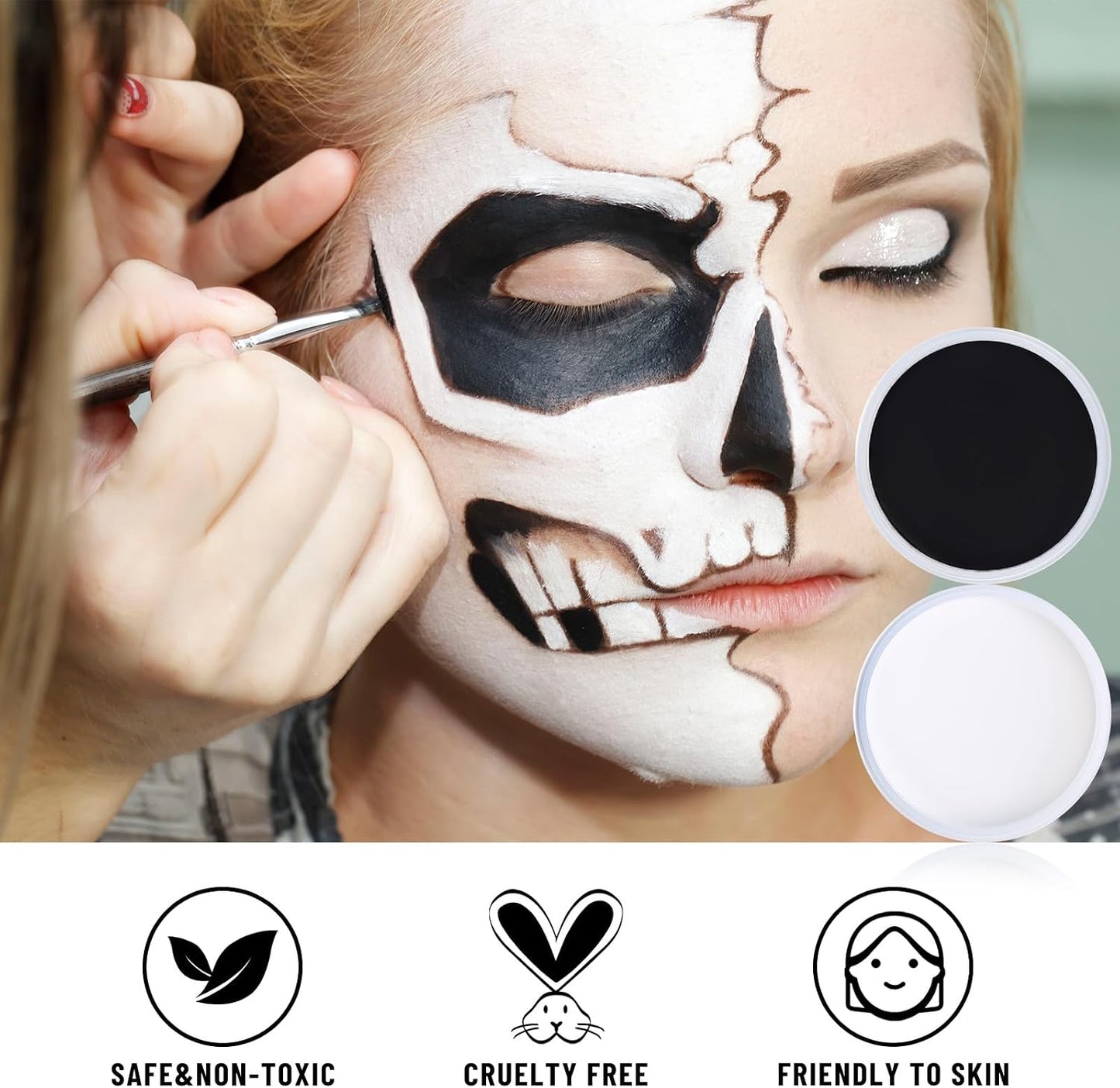 BOBISUKA Halloween Cosplay SFX Makeup Black + White Face Body Paint Special Effects Makeup Kit Dress Up Non Toxic Face Painting Kits for Adult Full Coverage Face paint Fx Make Up