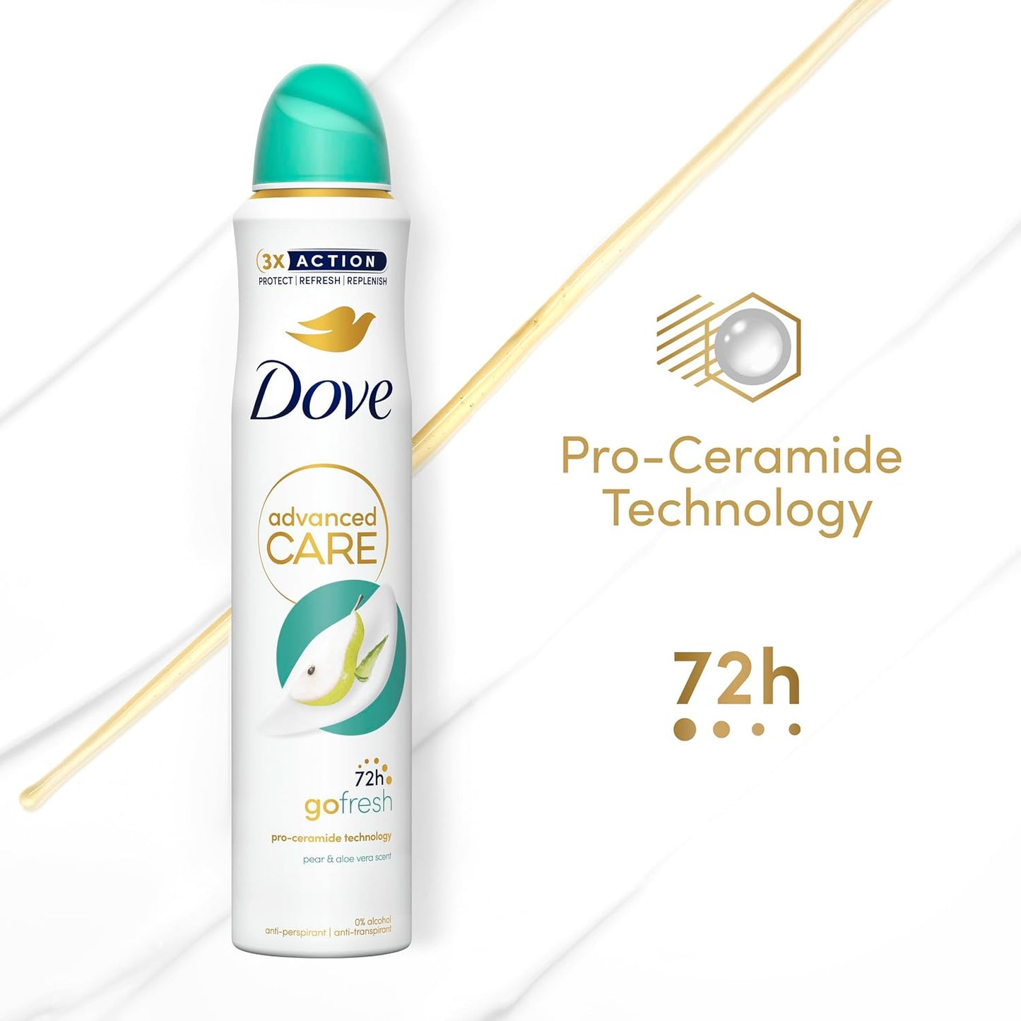Dove Advanced Care Go Fresh Pear &amp; Aloe Vera Scent Anti-Perspirant Aerosol Women's Deodorant Spray with Pro-Ceramide technology for 72 hour protection against sweat and odour 200 ml