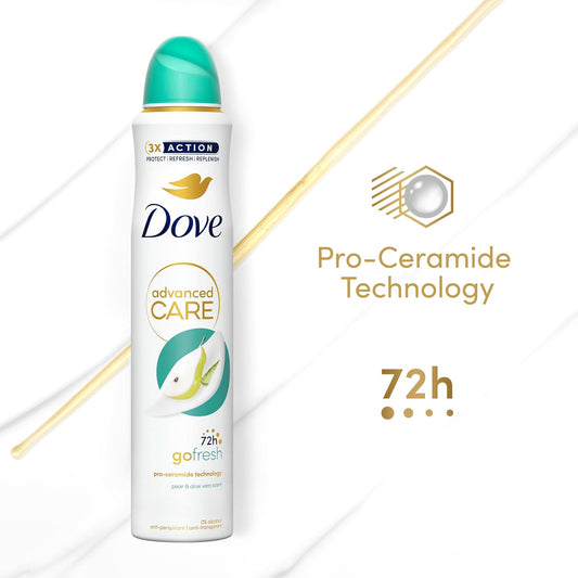 Dove Advanced Care Go Fresh Pear &amp; Aloe Vera Scent Anti-Perspirant Aerosol Women's Deodorant Spray with Pro-Ceramide technology for 72 hour protection against sweat and odour 200 ml