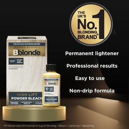 Jerome Russell Bblonde Maximum Lift Cream Peroxide 30 Vol - Permanent Blonde Hair Dye for Blonde to Medium Brown Hair Colour, Hair Bleach with 9% Peroxide &amp; Avocado Oil, Lifts 6-7 Shades, 75ml