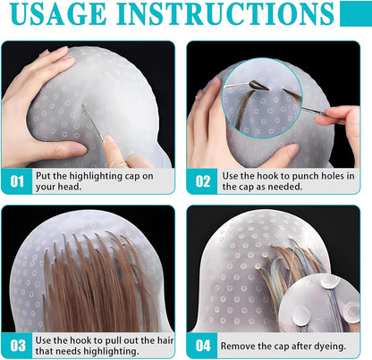 Silicone Highlighting Cap Kit with Hook &amp; Brushes – Professional Reusable Hair Frosting Tools for Salon-Results at Home (Women &amp; Men)