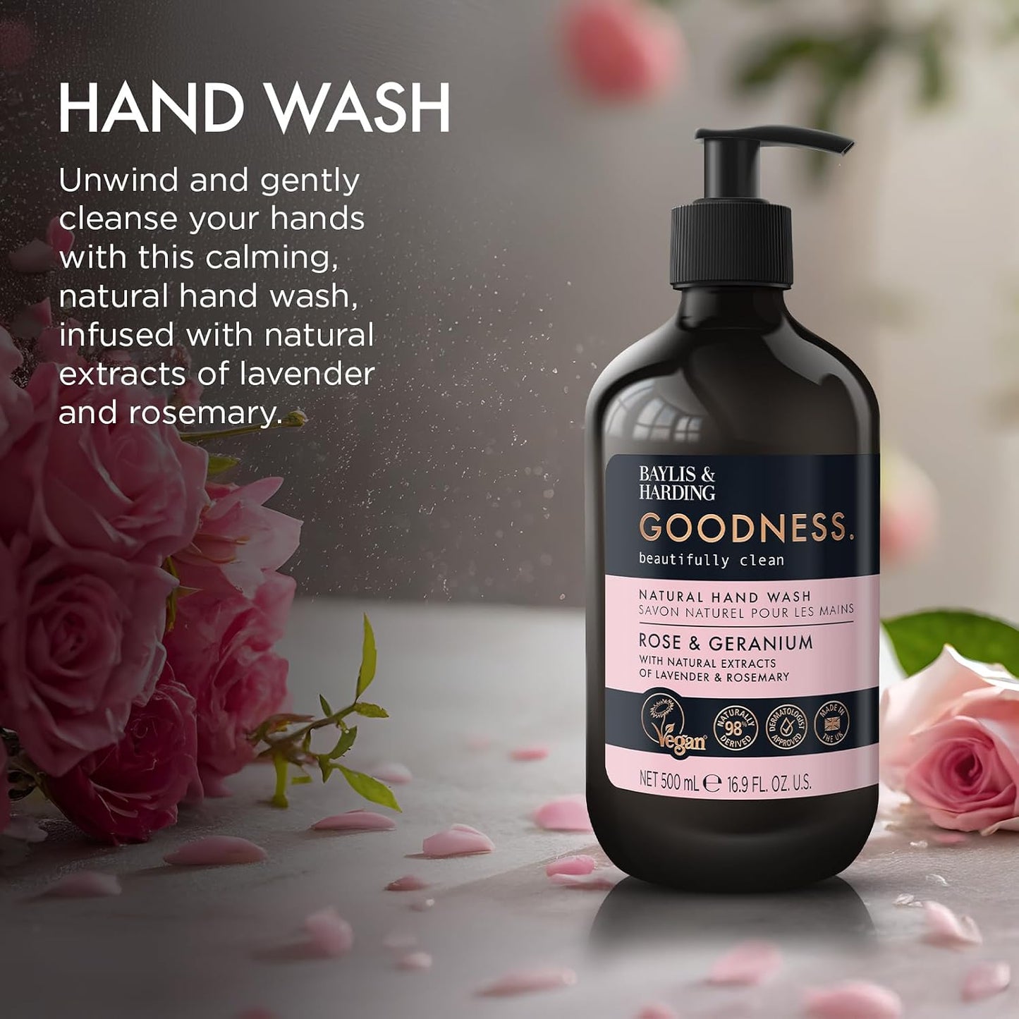 Baylis &amp; Harding Goodness Rose &amp; Geranium Natural Hand Wash, 500 ml (Pack of 3) - Vegan Friendly