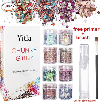 8 Color face Glitter Cosmetic Glitter, for Body, Cheeks and Hair, Festival and Party Beauty Makeup - Includes Long Lasting Fix Gel and Brush